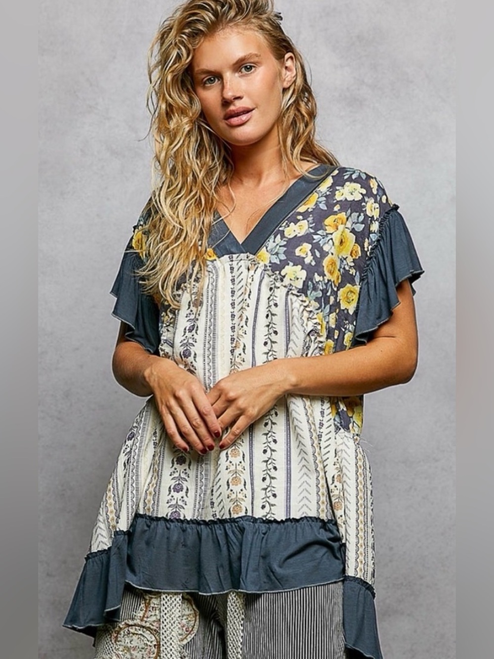 POL Floral Patchwork V-Neck Tunic in Navy, Cream & Yellow